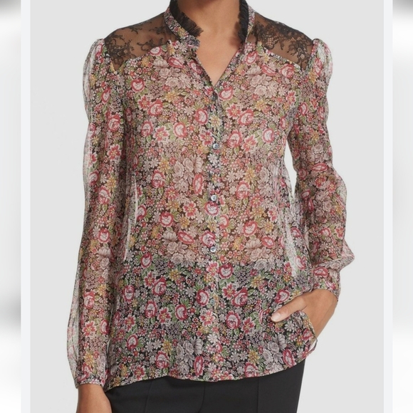 The Kooples Silk Floral Print Blouse With Lace Detail - Picture 4 of 7